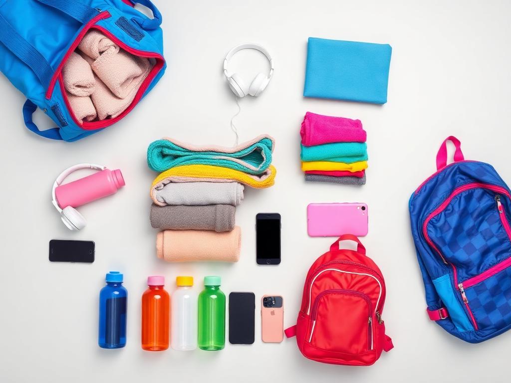Assorted lost property items: gym bag, water bottles, headphones and hoodies